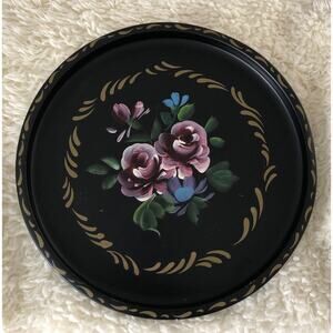 Nashco Toleware Hand Painted Flowers Round Metal Tray 11" Black Pink Blue Gold